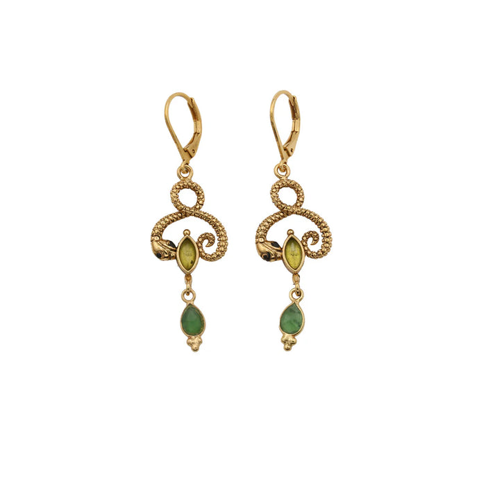 boucles, oreilles, laiton, or, péridot, serpent, sissi, la2L, green, terra, tournai, lille, bruxelles, courtrai